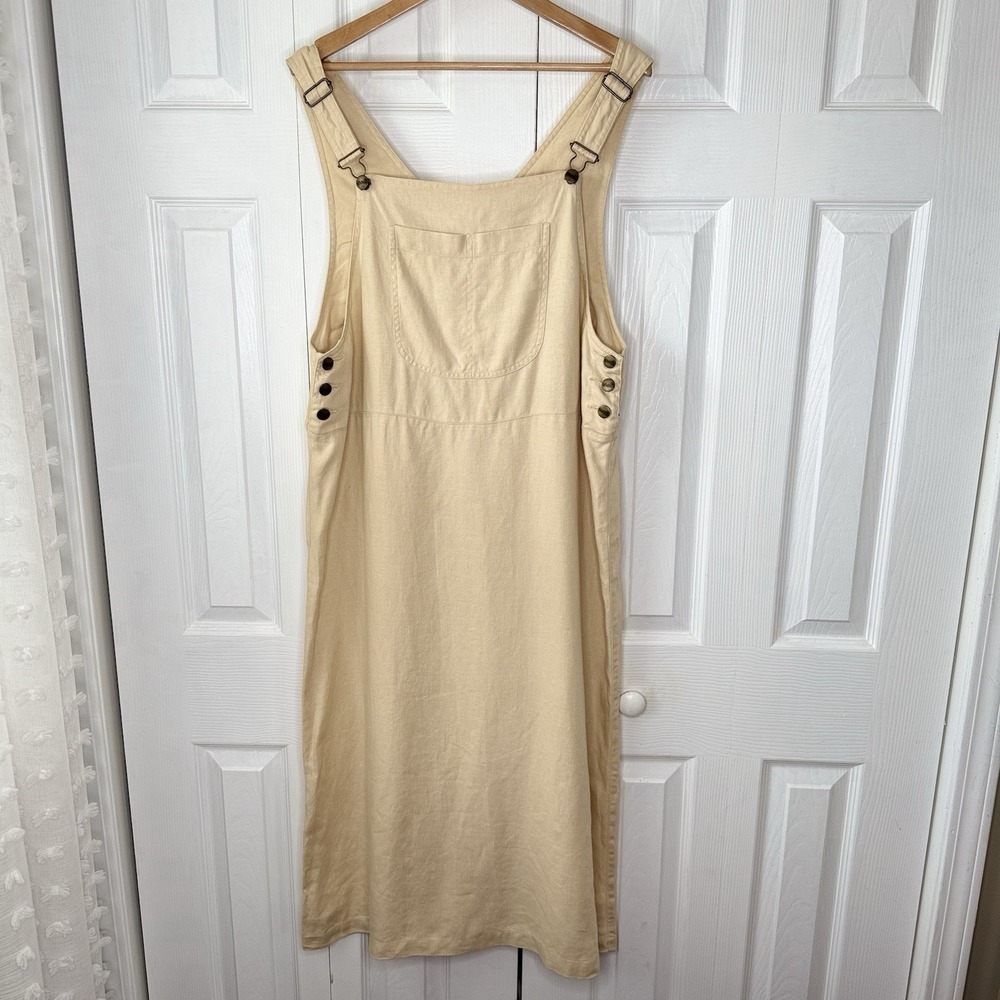 L.L. Bean Womens Petite 14 Linen Overall Dress Beige Sleeveless Midi
